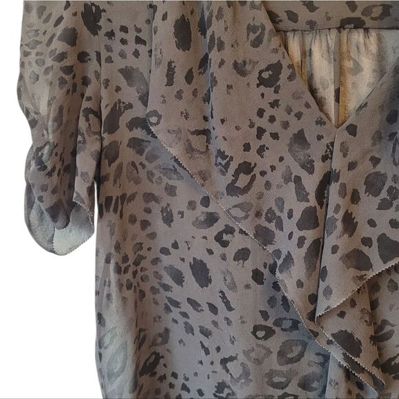 T. Babaton Women's Charcoal Grey Sheer Leopard Print 100% Silk Ruffle Blouse S - Picture 4 of 5